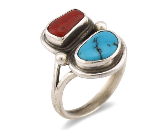 Navajo Ring 925 Silver SB Turquoise & Red Coral Native American Artist C.80s