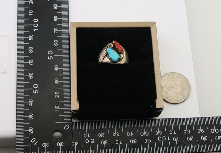 Navajo Handmade Ring 925 Silver Turquoise & Coral Native Artist C.80's