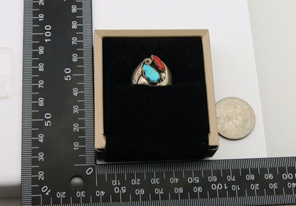 Navajo Handmade Ring 925 Silver Turquoise & Coral Native Artist C.80's
