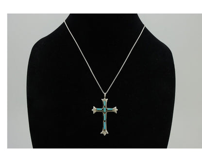 Zuni Cross Necklace 925 Silver Blue Turquoise Signed G&L LEEKITY C.80's