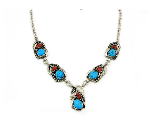 Navajo Necklace 925 Sterling Silver Turquoise & Coral Vintage Artist Signed JM