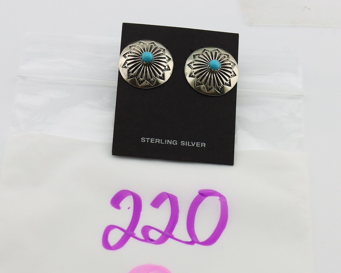 Navajo Hand Stamped Earrings 925 Silver Turquoise Native Artist C.80s