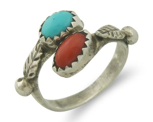Vintage Navajo Band 925 Sterling Turquoise & Coral Native Artist Size 4.5