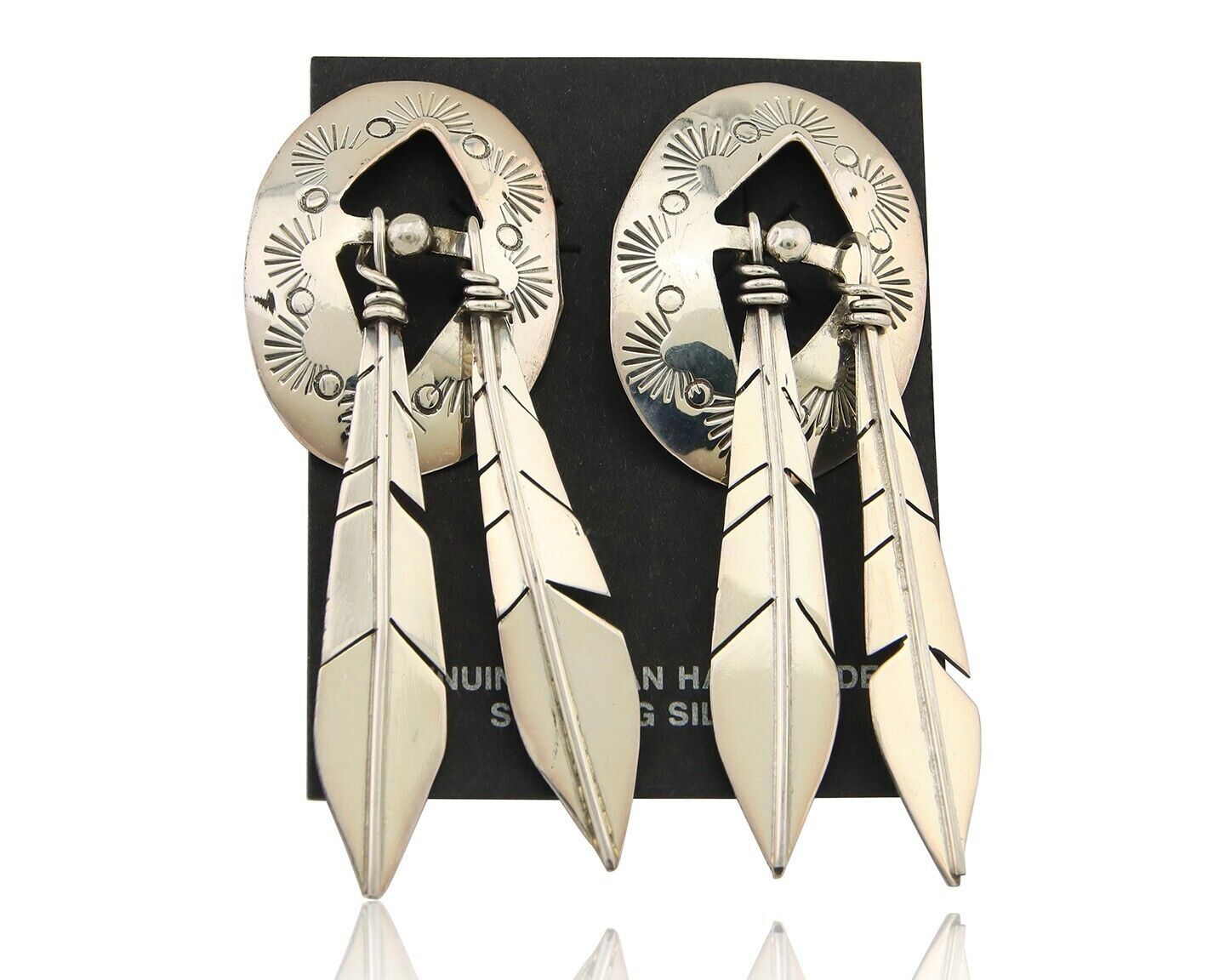 Navajo Feather Earrings 925 Silver Dangle Artist Signed DISHTA C.80's