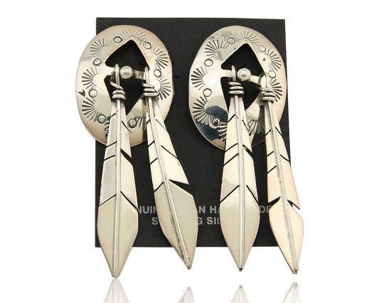 Navajo Feather Earrings 925 Silver Dangle Artist Signed DISHTA C.80's