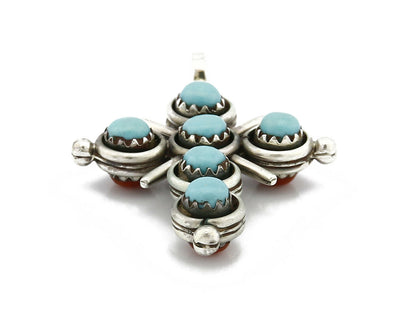 Zuni Natural Turquoise and Coral Reversible 925 Silver Handmade Pendant