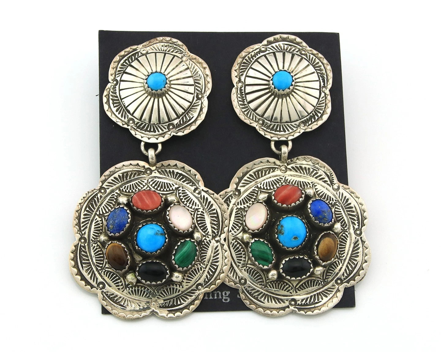 Navajo Concho Earrings Sterling Silver Natural Gemstones Vintage Handmade