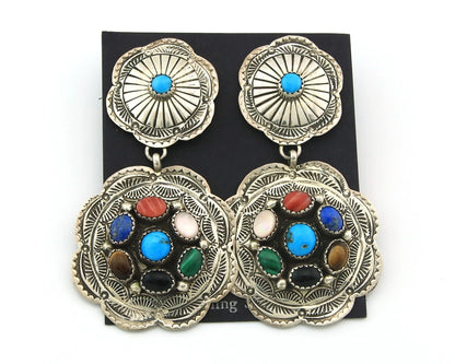 Navajo Concho Earrings Sterling Silver Natural Gemstones Vintage Handmade