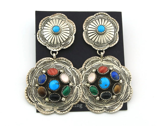 Navajo Concho Earrings Sterling Silver Natural Gemstones Vintage Handmade