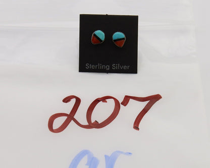 Navajo Earrings 925 Silver Inlaid Natural Onyx & Coral Native Artist C.80's