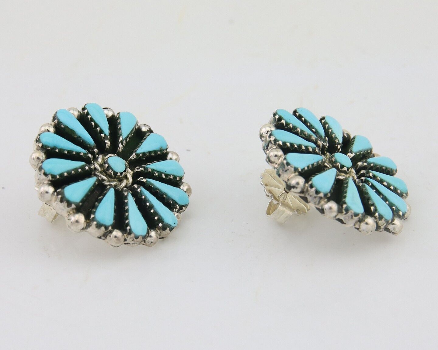Navajo Petit Point Earrings 925 Silver Turquoise Signed Benson Yazzie C.80's