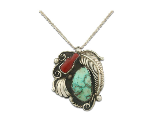 Vintage Navajo Necklace 925 Silver Carico Lake Turquoise & Coral Native Artist