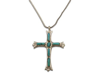 Zuni Cross Necklace 925 Silver Natural Blue Turquoise Artist Signed G&L LEEKITY