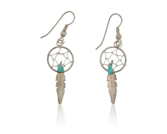 Navajo Dangle Dream Catcher Earrings 925 Silver Blue Turquoise Native Artist C80