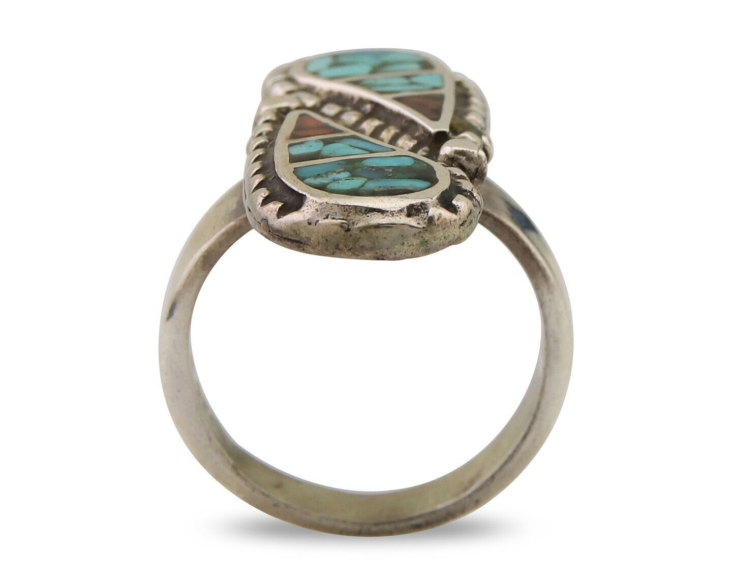 Navajo Ring 925 Silver Chip Inlay Turquoise & Coral Native Artist C.80's
