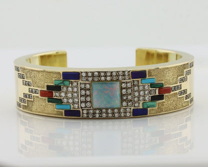 Navajo Handmade Bracelet Solid 14k Gold Diamond & Gemstones Native Artist C.80's