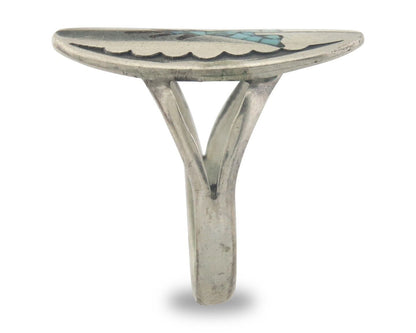 Navajo Ring 925 Sterling Natural Chip Inlay Coral & Turquoise C.80's Size 5.0
