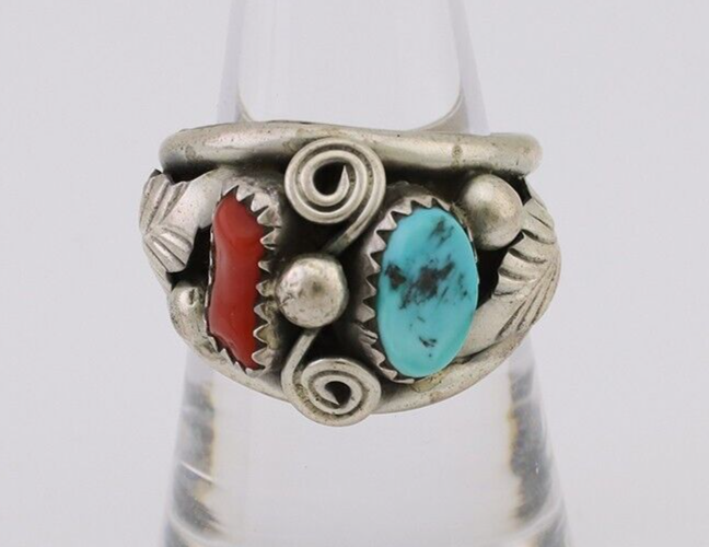 Navajo Ring 925 Silver Natural Coral Turquoise Natural American Artist C.80's