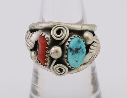 Navajo Ring 925 Silver Natural Coral Turquoise Natural American Artist C.80's