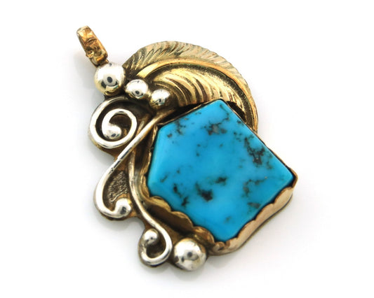 Navajo Pendant Sterling Silver & Gold Natural Blue Turquoise Signed Virgnina C