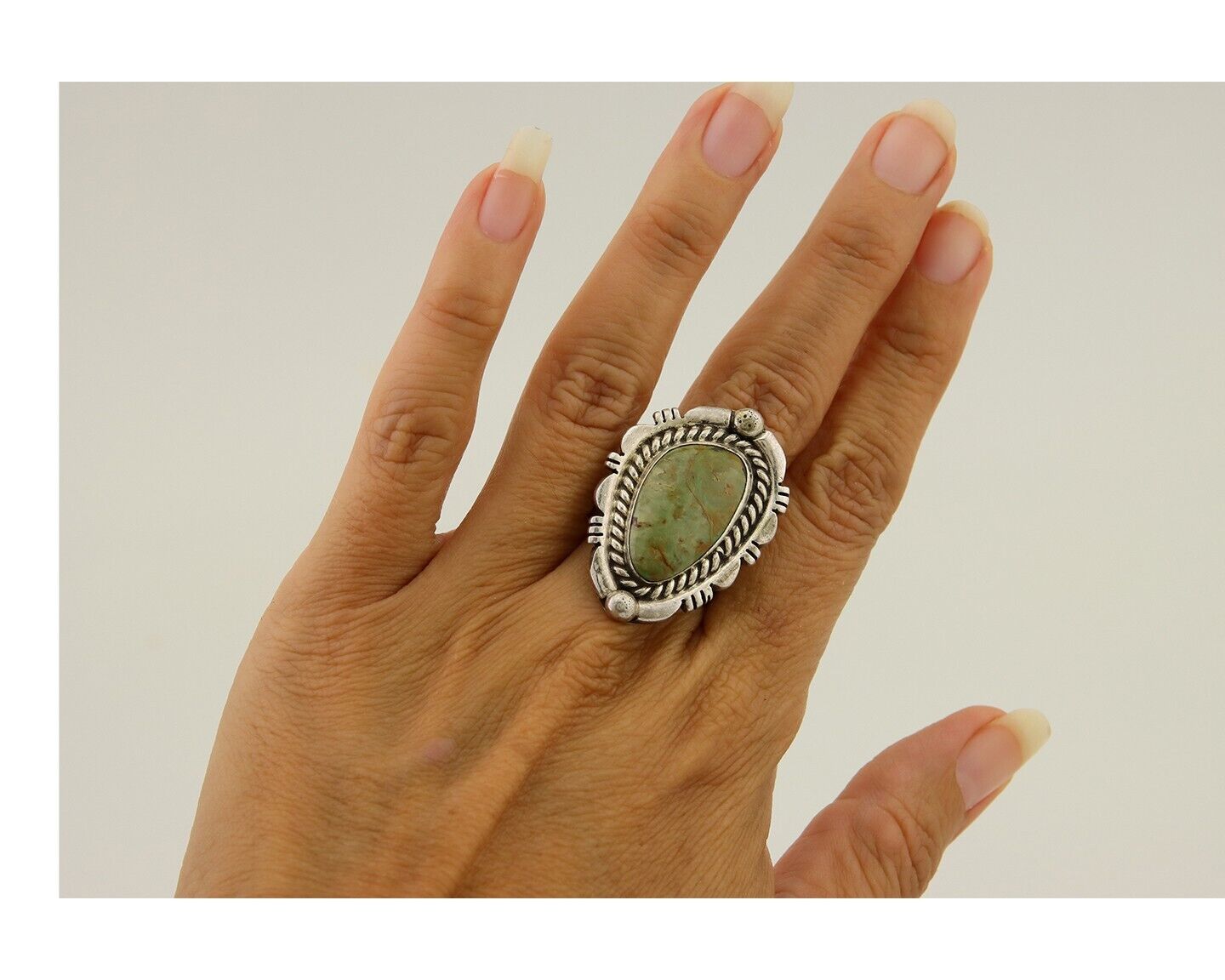 Navajo Ring 925 Sterling Silver Natural Green Turquoise Signed DC C.80's