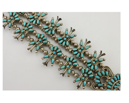 Zuni Squash Necklace 925 Silver Turquoise Signed Leonard & Lula Weebothee 1981