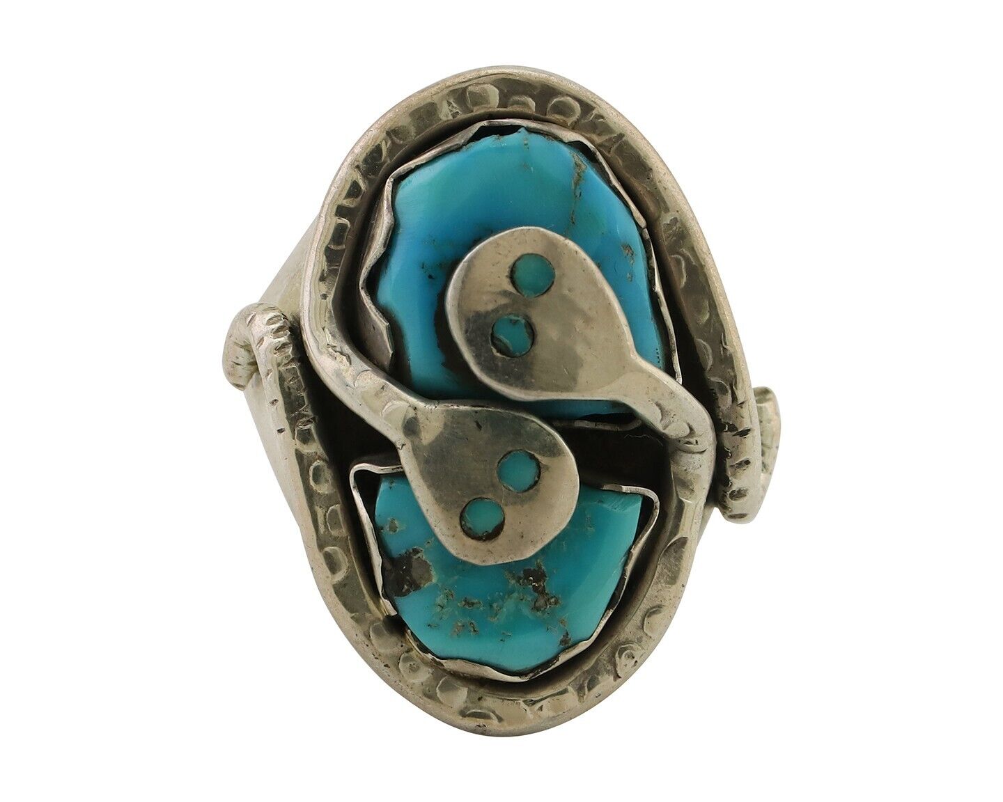 Mens Heavy Zuni Snake Ring 925 Silver Turquoise Signed EFFIE CALAVASA C.80's