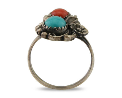 Navajo Ring 925 Silver Turquoise & Coral Native American Artist C.80's