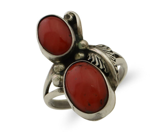 Navajo Ring 925 Silver Natural Mediterranean Coral Artist Signed A C.80's