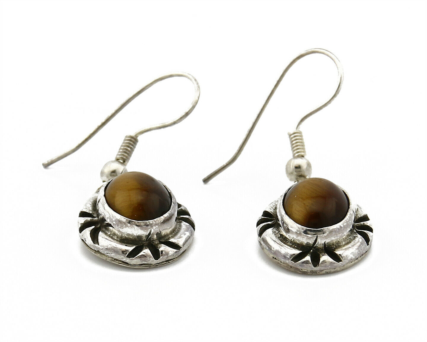 Navajo Hand Stamped Natural Mined Tigers Eye .925 SOLID Silver Stud Earrings