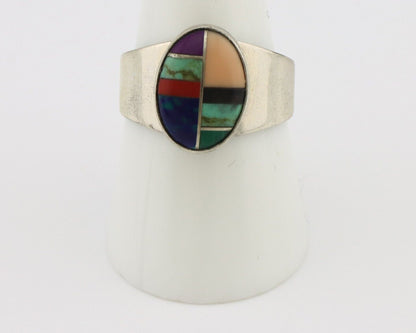 Zuni Inlaid Ring 925 Silver Mixed Natural Gemstones Native American Artist C.80s