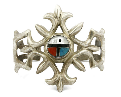 Navajo Sand Cast Jet Coral Turquoise & MOP Inlaid .925 Silver Cuff Bracelet