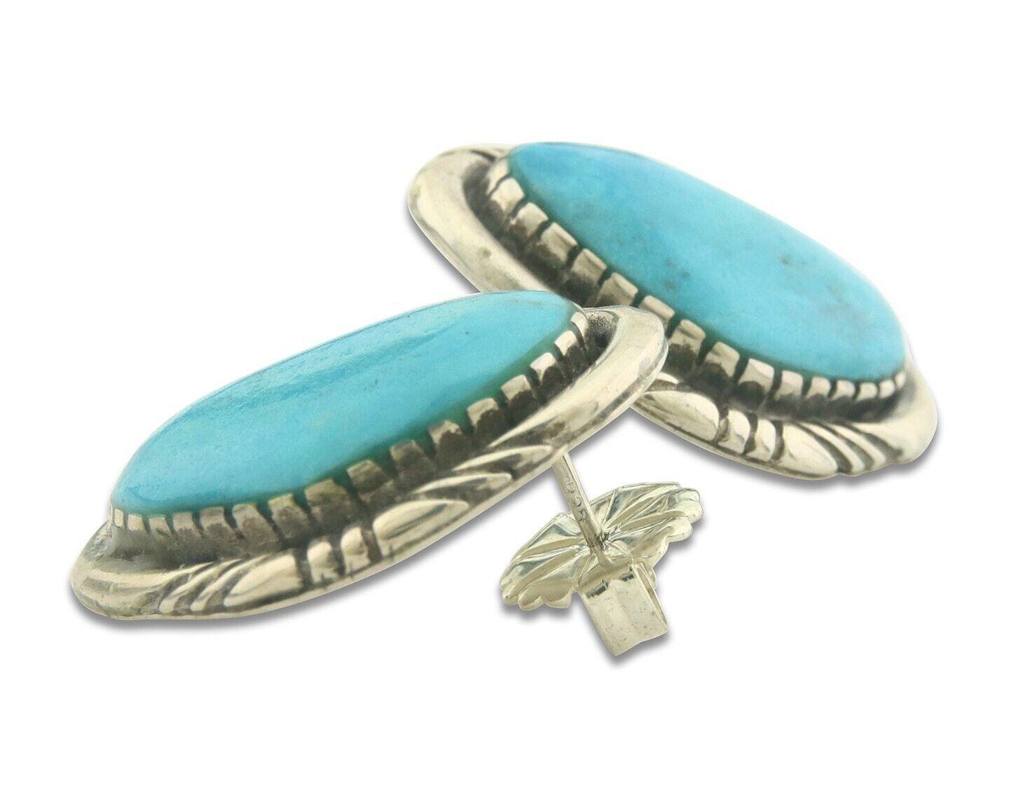 Navajo Earrings 925 Silver Natural Turquoise Artist Signed E Jackson C.80's