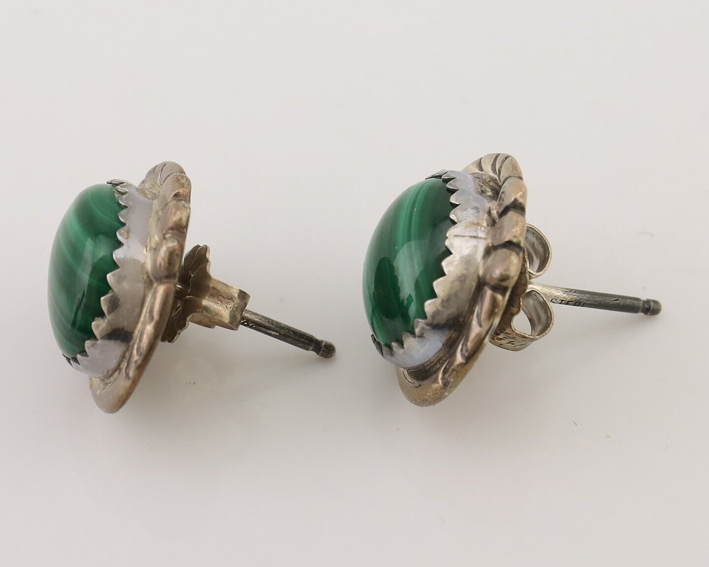 Navajo Earrings 925 Silver Natural Malachite Native American Artist C.80's