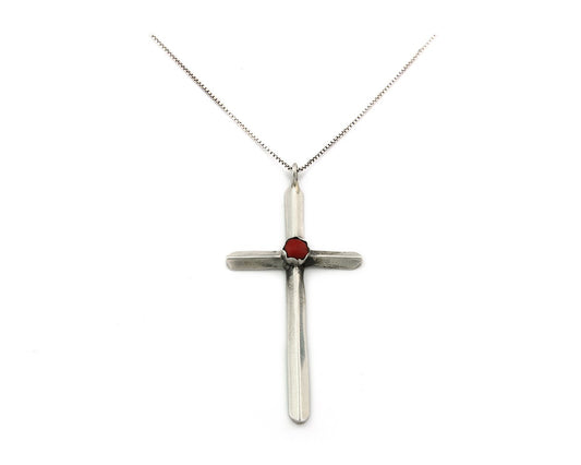 Navajo Cross Necklace Sterling Silver Snake Eye Coral Authentic Native Artist
