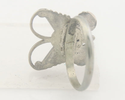 Navajo Ring 925 Silver Inlaid Butterfly Turquoise & Coral C.80's Size 5.5