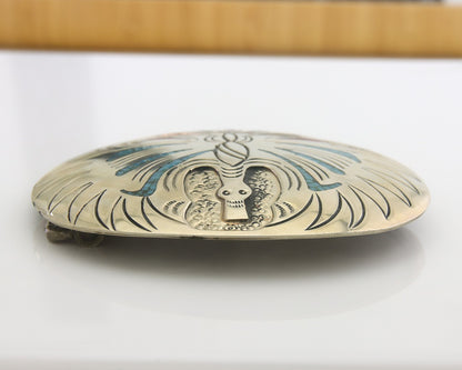 Navajo Belt Buckle .999 Nickel Buffalo Gemstone Signed Chee Keams 3x3.5 in C.80s