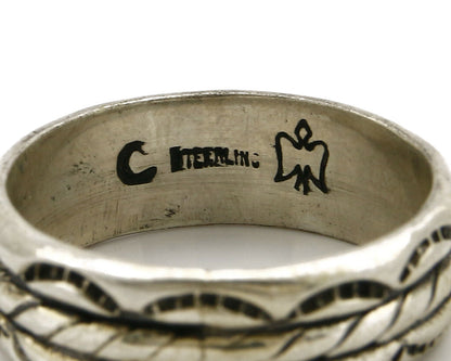 Navajo Ring .925 Silver Handmade Hand Stamped 3 Row Rope Band C.1980's Size 14.5