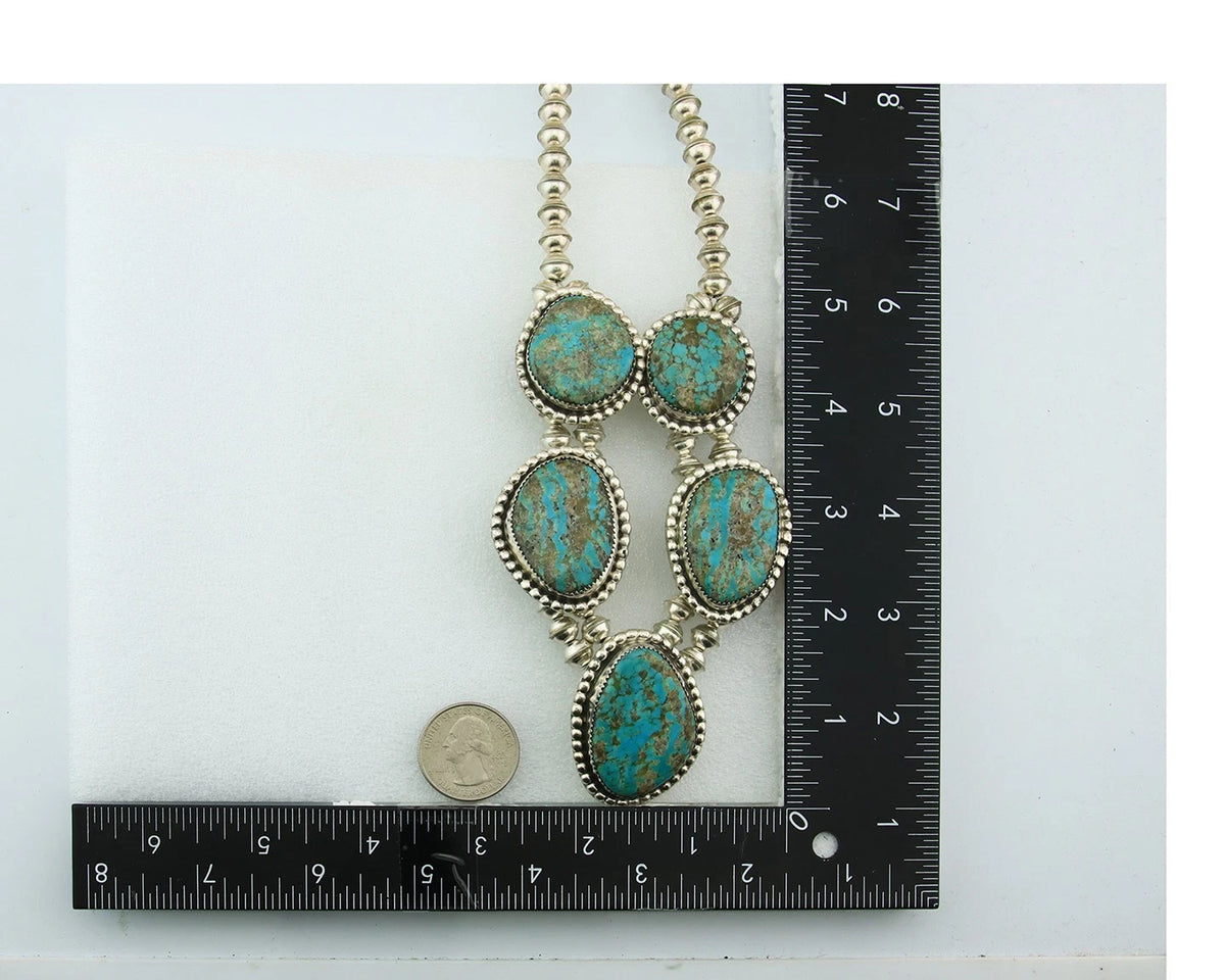 Navajo Squash Necklace Sterling Silver Nalural Kingman Turquoise Signed JR