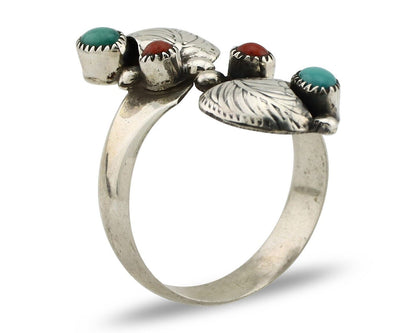 Navajo Adjustable Ring 925 Silver Turquiose & Coral Native Artist C.80's