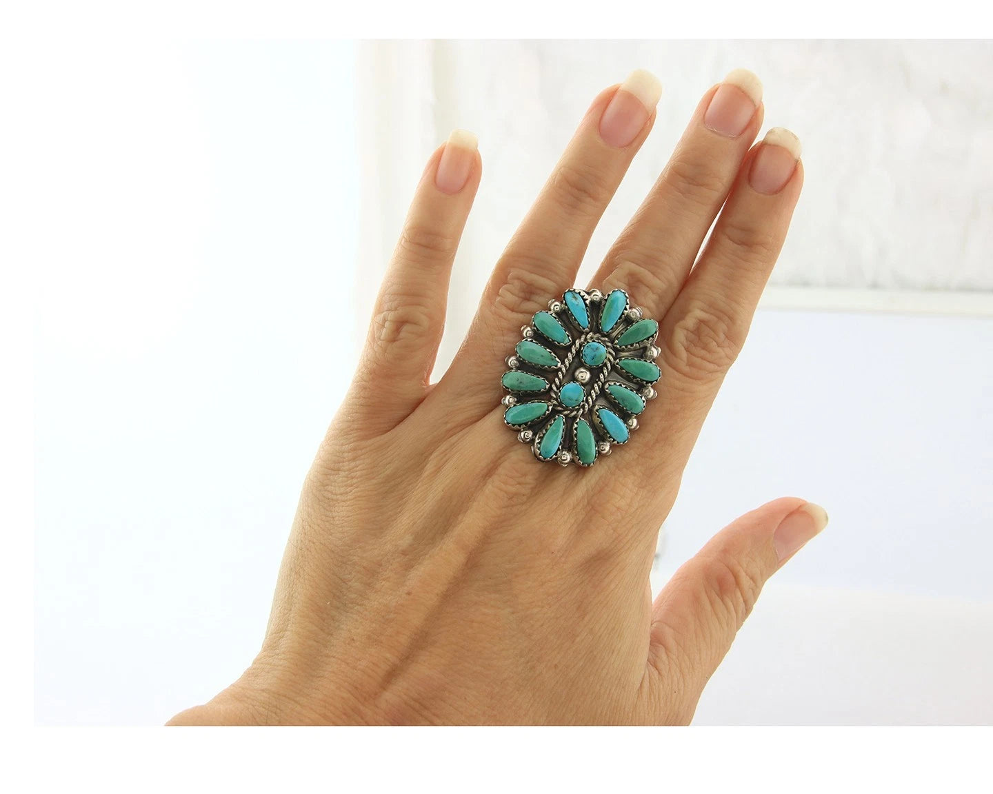Navajo Concho Ring Sterling Silver Natural Turquoise Handmade Vintage