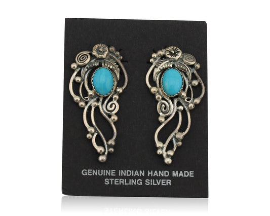 Navajo Earrings 925 Silver Natural Blue Turquoise Native American Artist C.80s