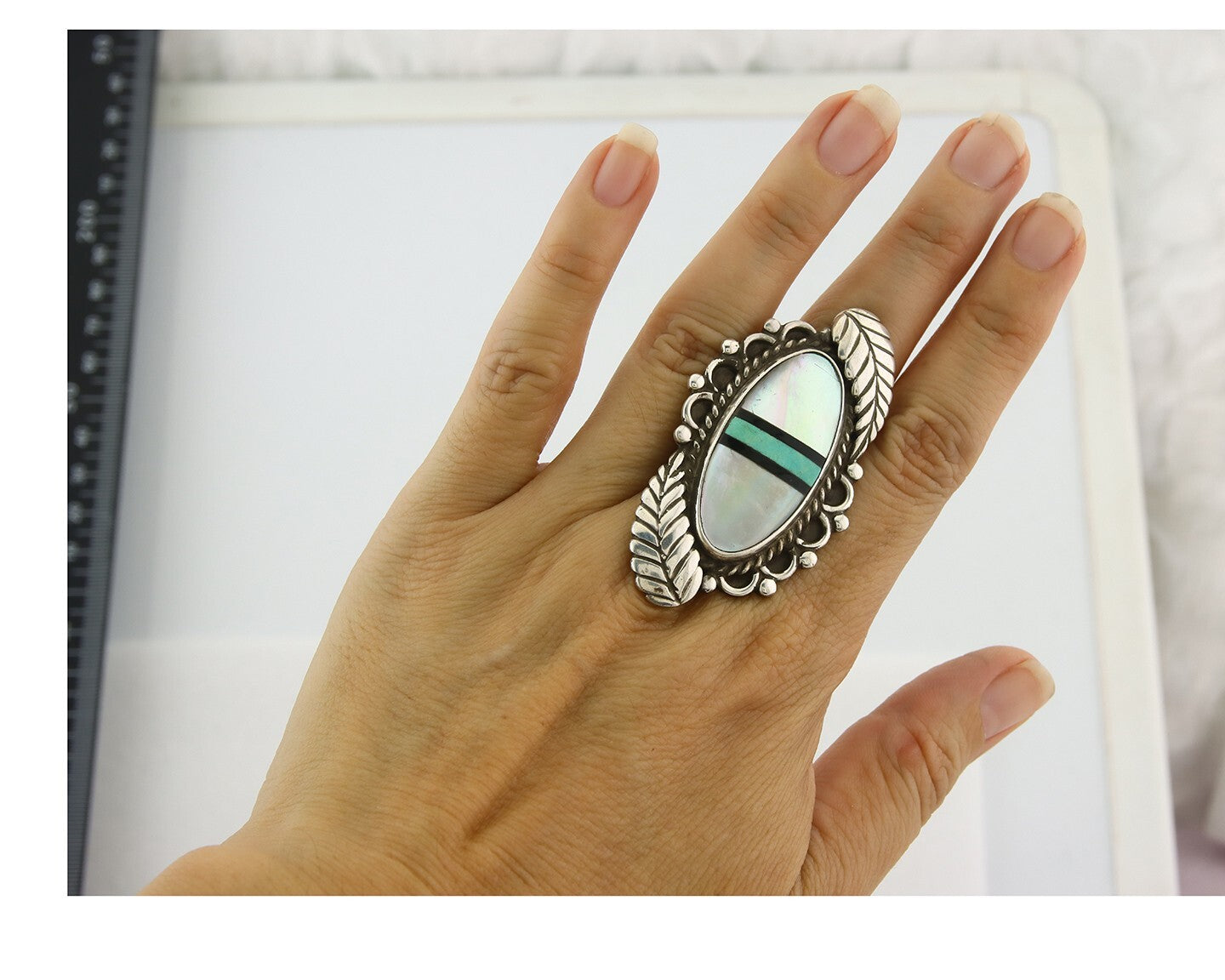 Vintage Navajo Ring 925 Sterling Silver Turquoise Signed JG Size 8.75