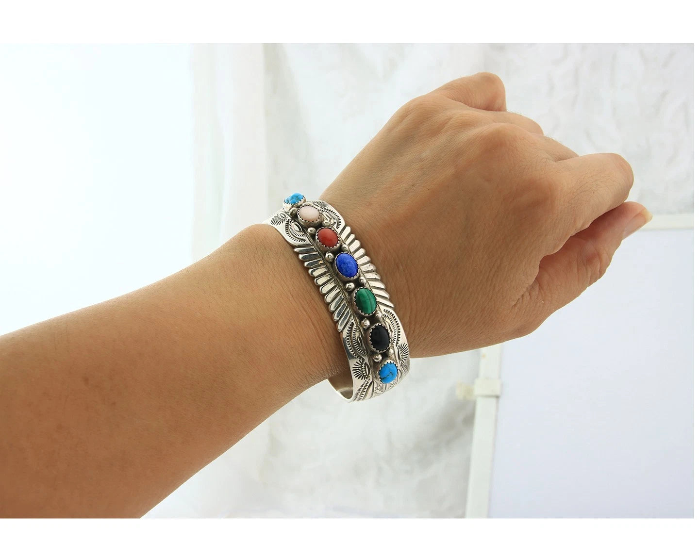 Navajo Cuff Bracelet Sterling Silver Natural Gemstone Vintage Signed WB