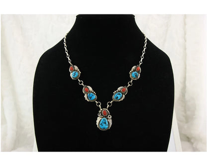 Navajo Necklace Sterling Authentic Turquoise & Coral Signed Justin Morris