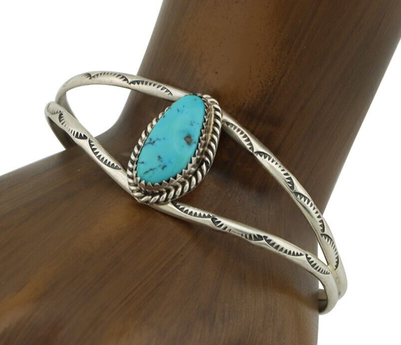 Navajo Bracelet 925 Silver Sleeping Beauty Turquoise Signed Robert Vandover C80s