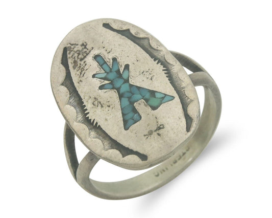 Navajo Ring 925 Sterling Natural Chip Inlay Blue Turquoise C.80's Size 6.0