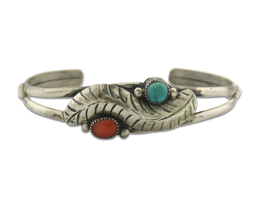 Vintage Navajo Bracelet 925 Silver Red Coral Turquoise Authentic