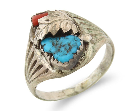 Navajo Ring 925 Sterling Turquoise & Coral Native Artist C.80's Size 9.25