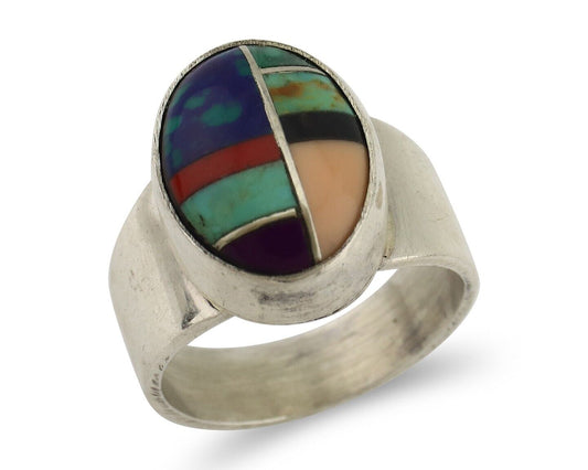 Zuni Inlaid Ring 925 Silver Mixed Natural Gemstones Native American Artist C.80s